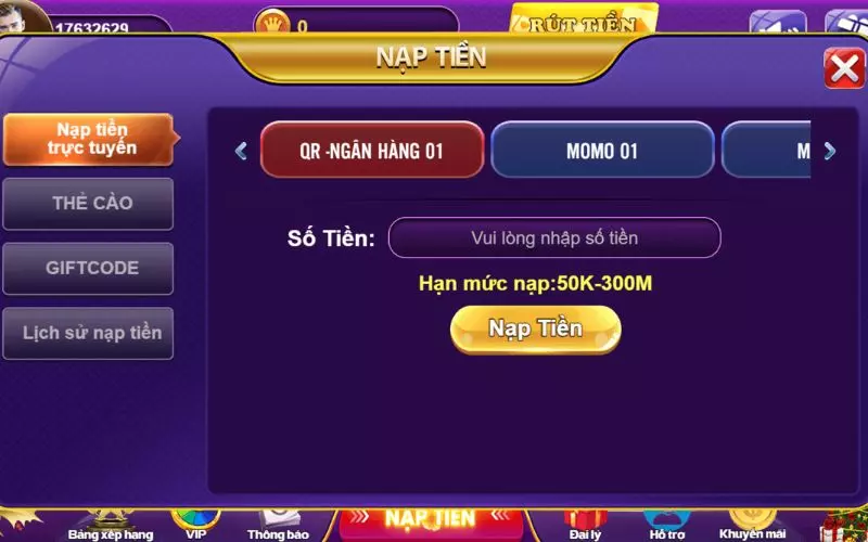 Thăng cấp bằng cách nạp tiền tại 68 game bài